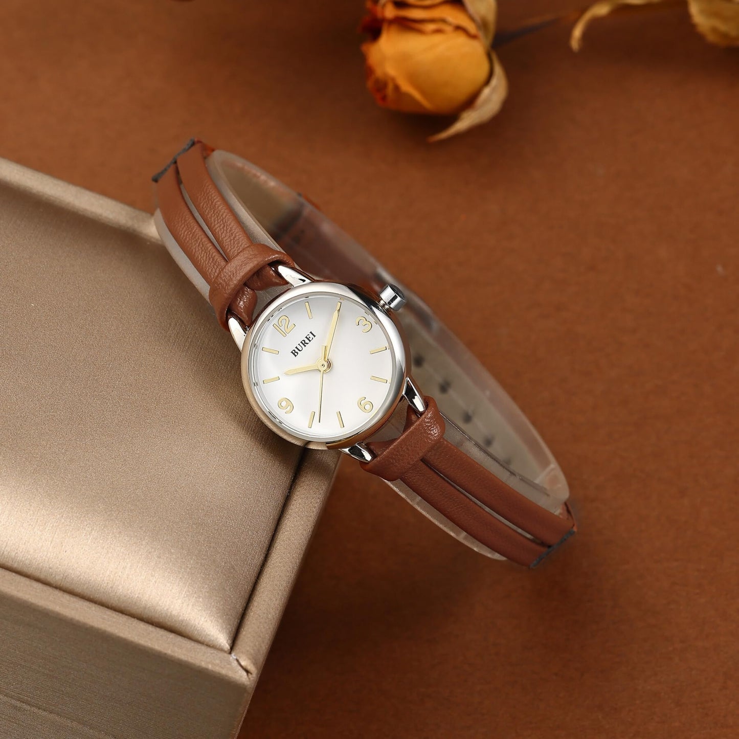 BUREI Women's 22mm Small Dial Quartz Watch, Lightweight Women Watch,Japan Quartz Movement, Brown Handmade Leather Strap, Ideal Gift for Women Mom