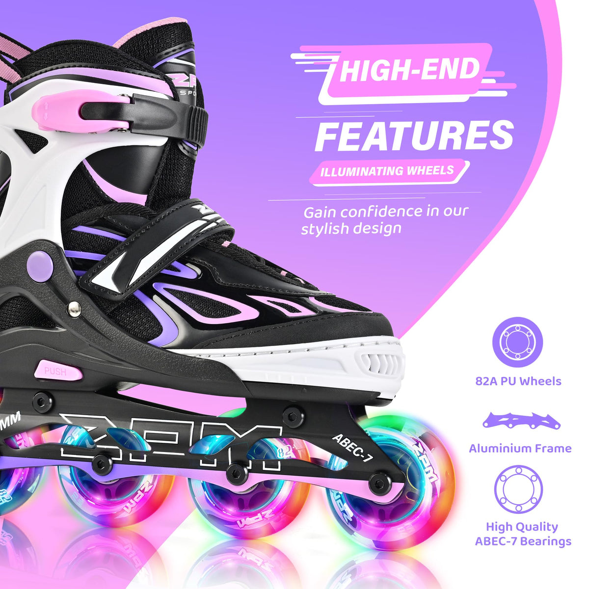 2PM SPORTS Vinal Inline Skates for Girls Boys Kids Ages 5-8 8-12 with Adjustable Illuminating Wheels, Inline Roller Skates for Youth Women Men - Purple Pink Extra Large