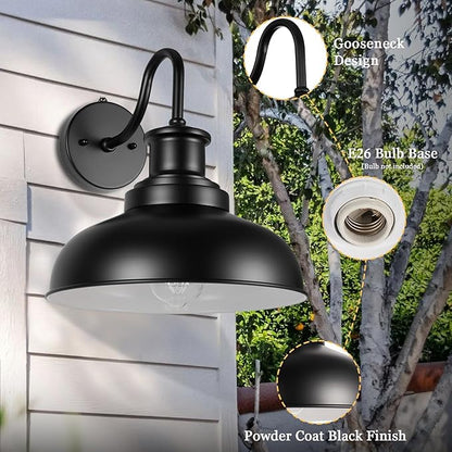 Dusk to Dawn Outdoor Gooseneck Barn Light Outdoor Wall Sconce Farmhouse Exterior Wall Mount Light Vintage Outside Wall Lighting Fixture Industrial Black White Lantern for Porch Garage,1 Pack