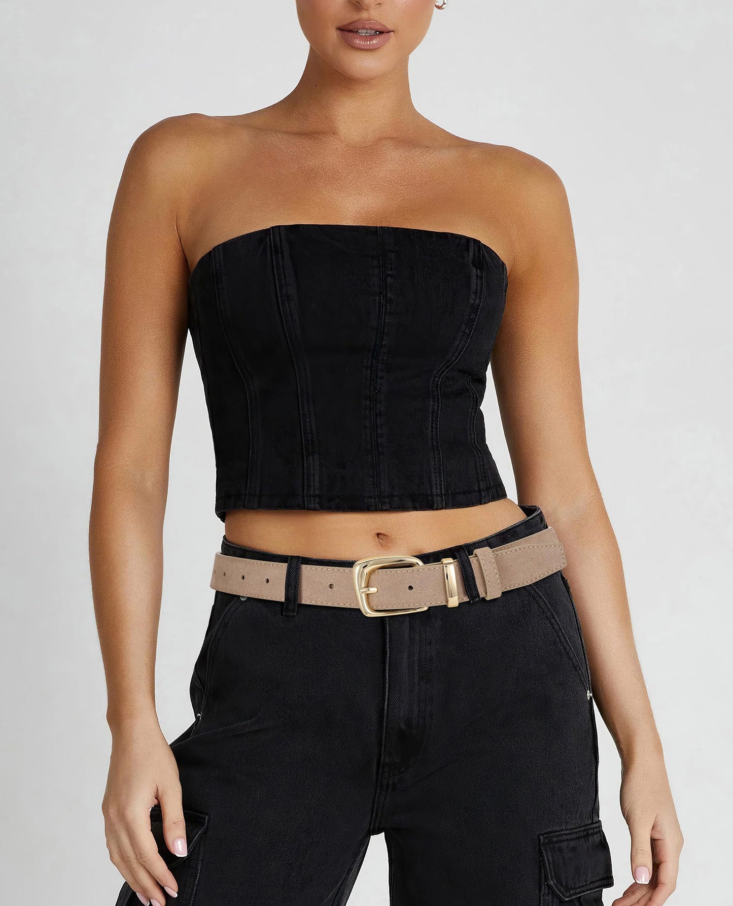 SANSTHS Women Suede Leather Belt for Dresses Jeans Fashion Retro Gold Buckle Ladies Waist Belts,Khaki,S