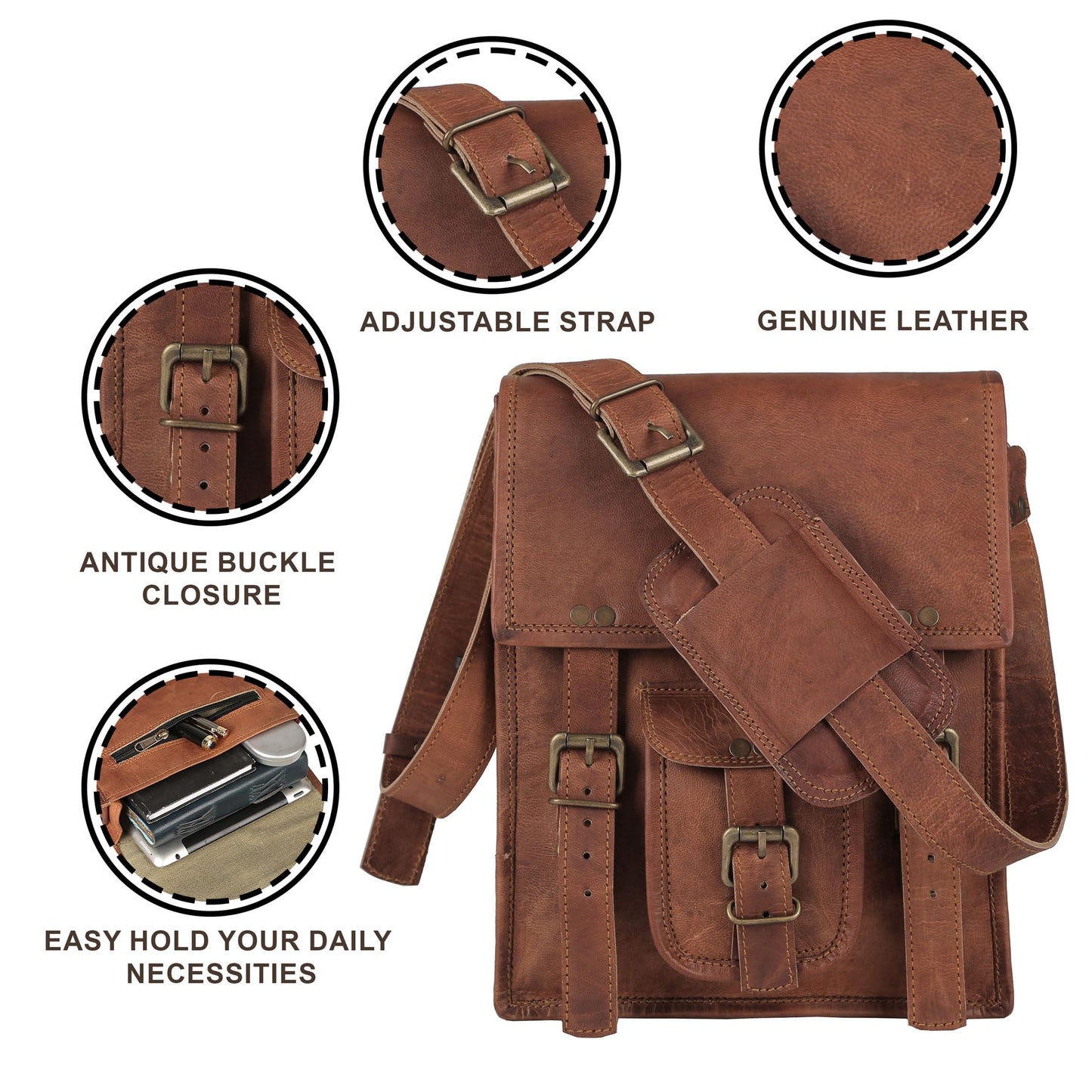 Leather crossbody bag messenger satchel tablet bag 11 inches for men and women (Brown)