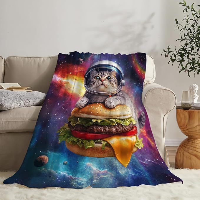 Funny Cat Decor Gifts - Flannel Fleece Fuzzy Cat Throw Blanket, Soft Warm Cozy Plush Food Blanket for Bed Couch Living Room, Stuffed Decoration for Kids Adult, 80"x60"