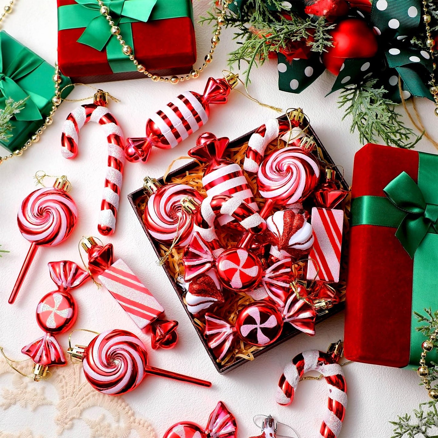 Realspring 30 Pcs Christmas Candy Ornaments Peppermint Candy Cane Christmas Decorations Plastic Lollipop Hanging Ornaments with Rope for Xmas Tree Party Holiday Supplies(Red White)