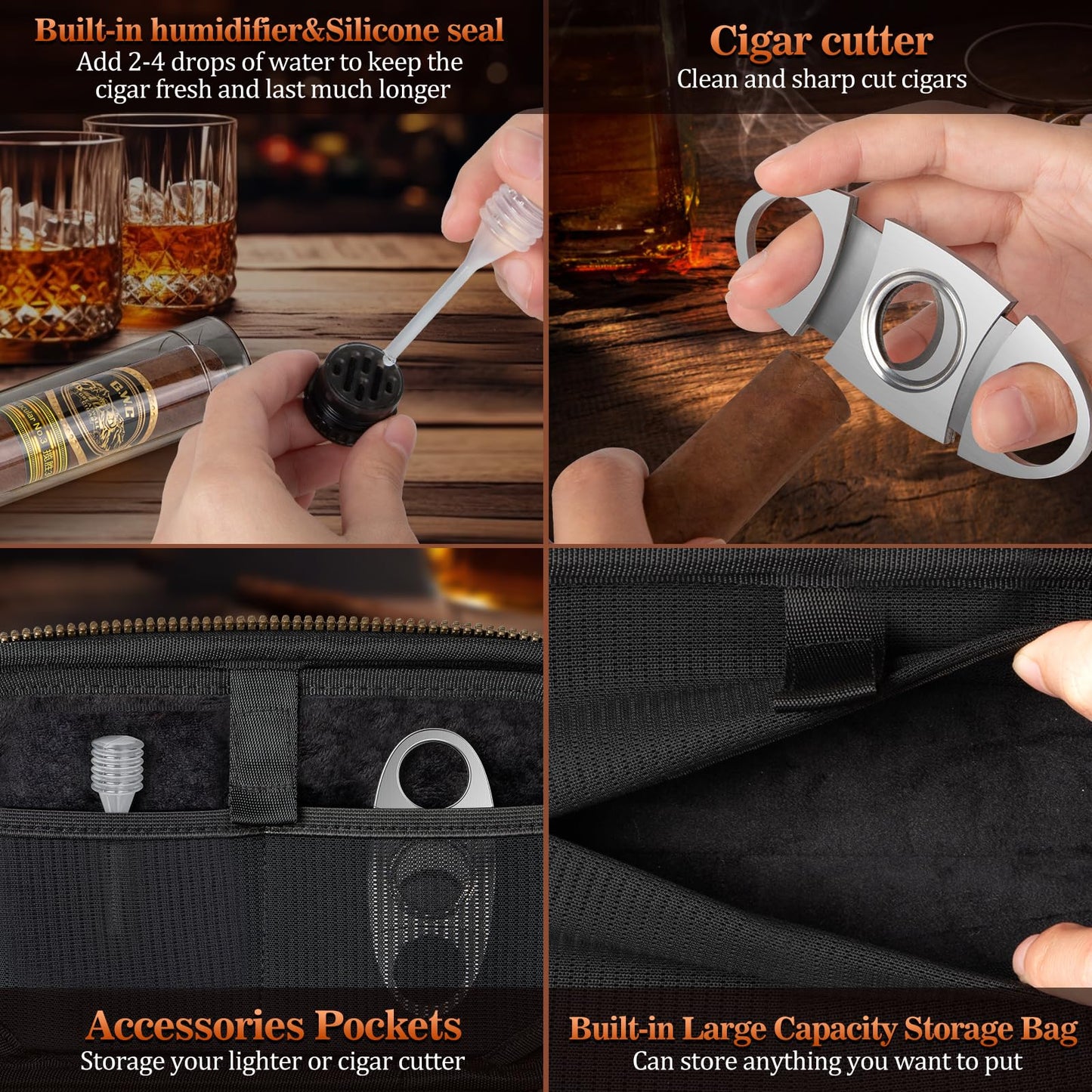 AWOTE Travel Leather Cigar Case with Cigar Torch Lighter, Cigar Bag with 4 Cigar Tubes, Include Cigar Accessories