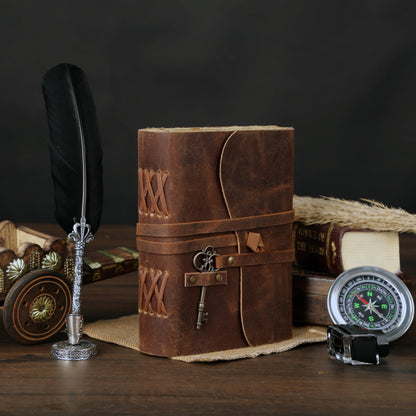 Leather Journal with Deckle Edge Paper 8x6 inch and Vintage Key | Handmade Writing Notebook Diary | Bound Daily Notepad for Men & Women Medium, Sketch/Writing pad for Artists