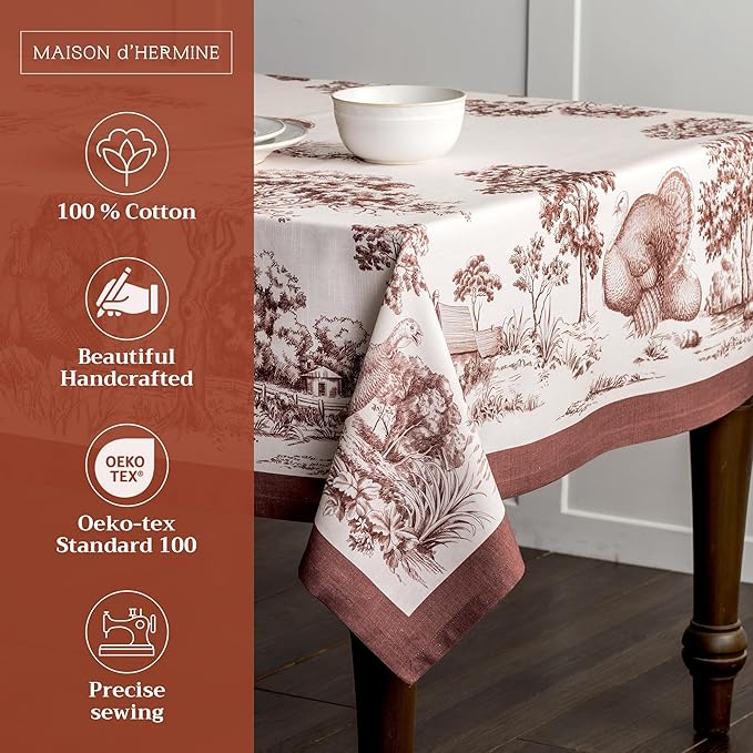 Maison d' Hermine Table Cloth Rectangle Table 100% Cotton 70 x 120 Inches Fall Tablecloth Reusable Everyday Use for Thanksgiving Christmas Decorations Dining Farmhouse Party (Holy Jouy - Brown)
