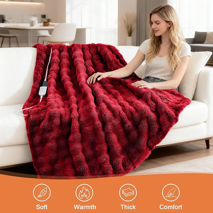 Heated Blanket Electric Throw Blanket 84''X 90''-Heating Blanket with 6 Heat Settings-10 Hours Auto Off,Cozy Faux Rabbit Fur Bubble Electric Blanket,Red