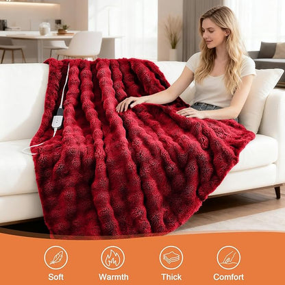 Heated Blanket Electric Throw Blanket 84''X 90''-Heating Blanket with 6 Heat Settings-10 Hours Auto Off,Cozy Faux Rabbit Fur Bubble Electric Blanket,Red