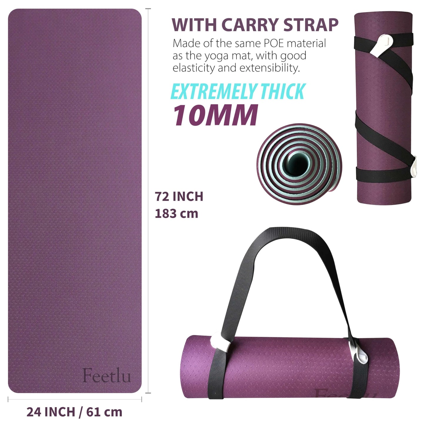 Extra Thick Exercise Yoga Mat with Strap - 2/5 Inch (10MM), Non-Slip Workout Mat for Yoga, Pilates, and Floor Exercises