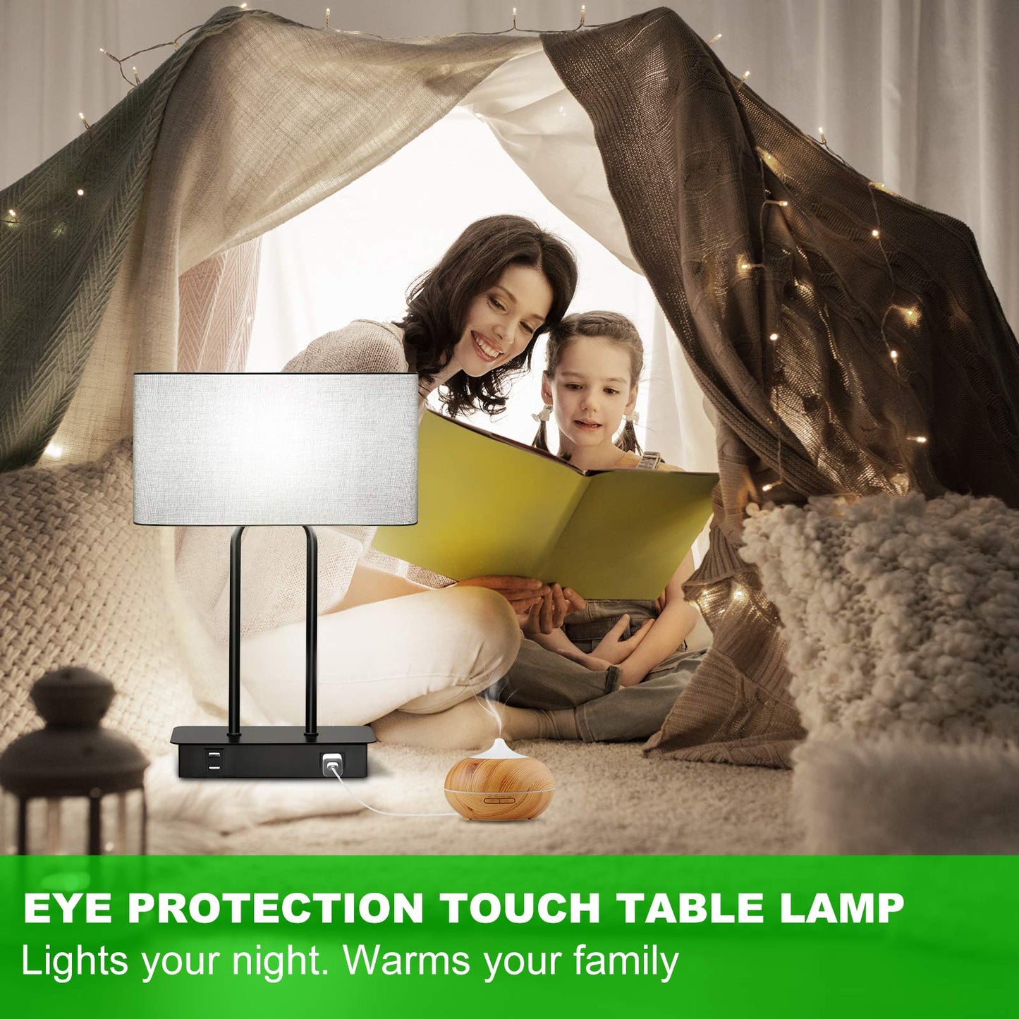 Lakumu Bedside Touch Control Table Lamps with Dual USB Charging Ports 1 AC Outlet, 3 Way Dimmable Modern Nightstand Lamp with Grey Fabric Shade, Desk Lamp for Bedroom Living Room with 5000K LED Bulb