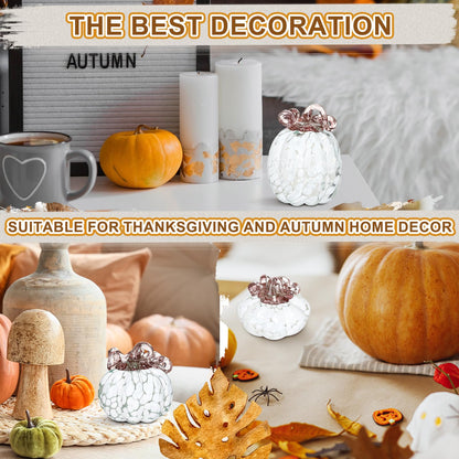 Geelin 3 Pcs Hand Blown Glass Pumpkin Figurine Autumn Crystal Glass Pumpkin Collectible Ornaments for Tabletop Thanksgiving Halloween Fall Harvest Decorations (White)