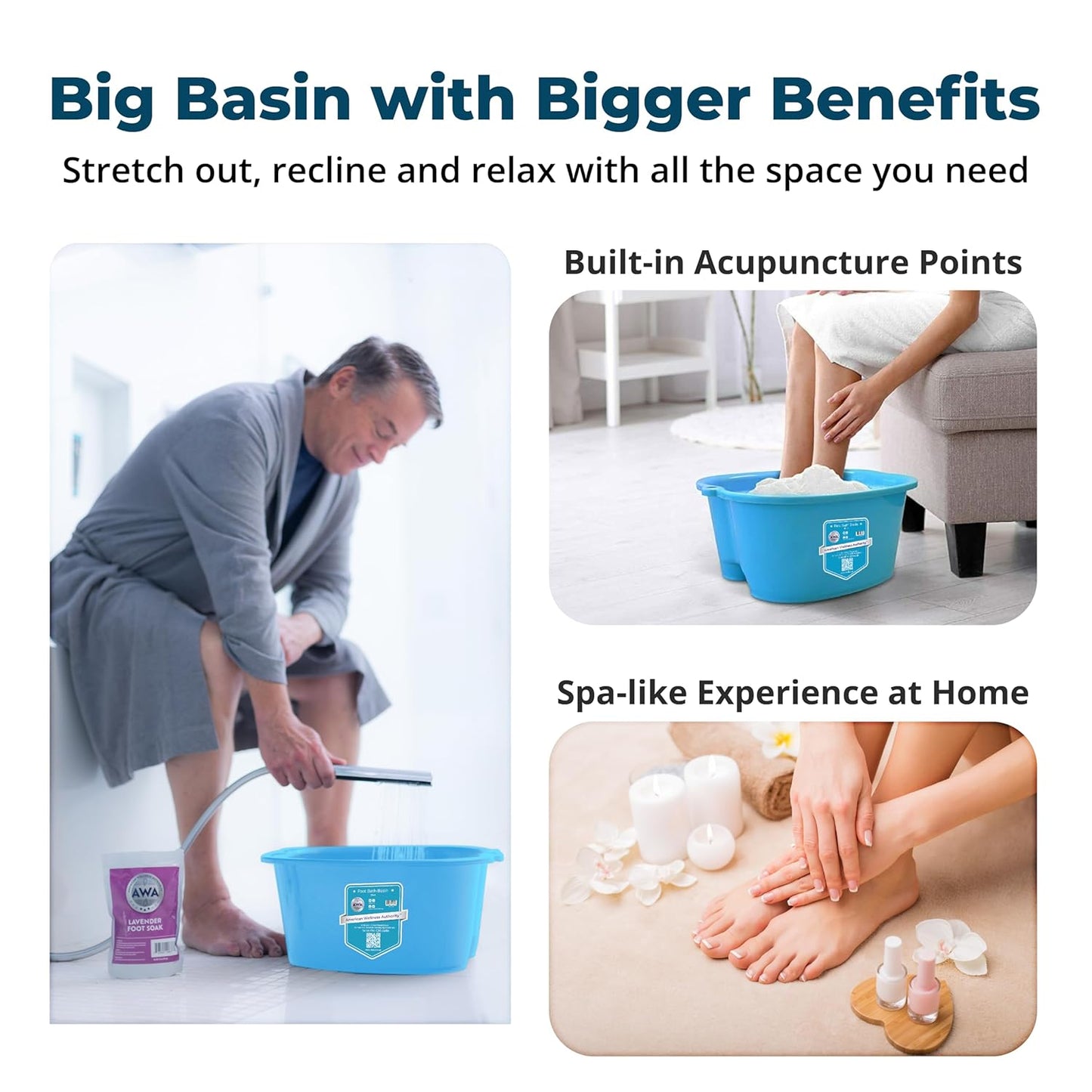 American Wellness Authority AWA Extra Large foot bath basin - Sturdy plastic soak tub For Soaking feet and Pedicure At Home Spa Kit Women Men (Grey Basin), 1.0 Count