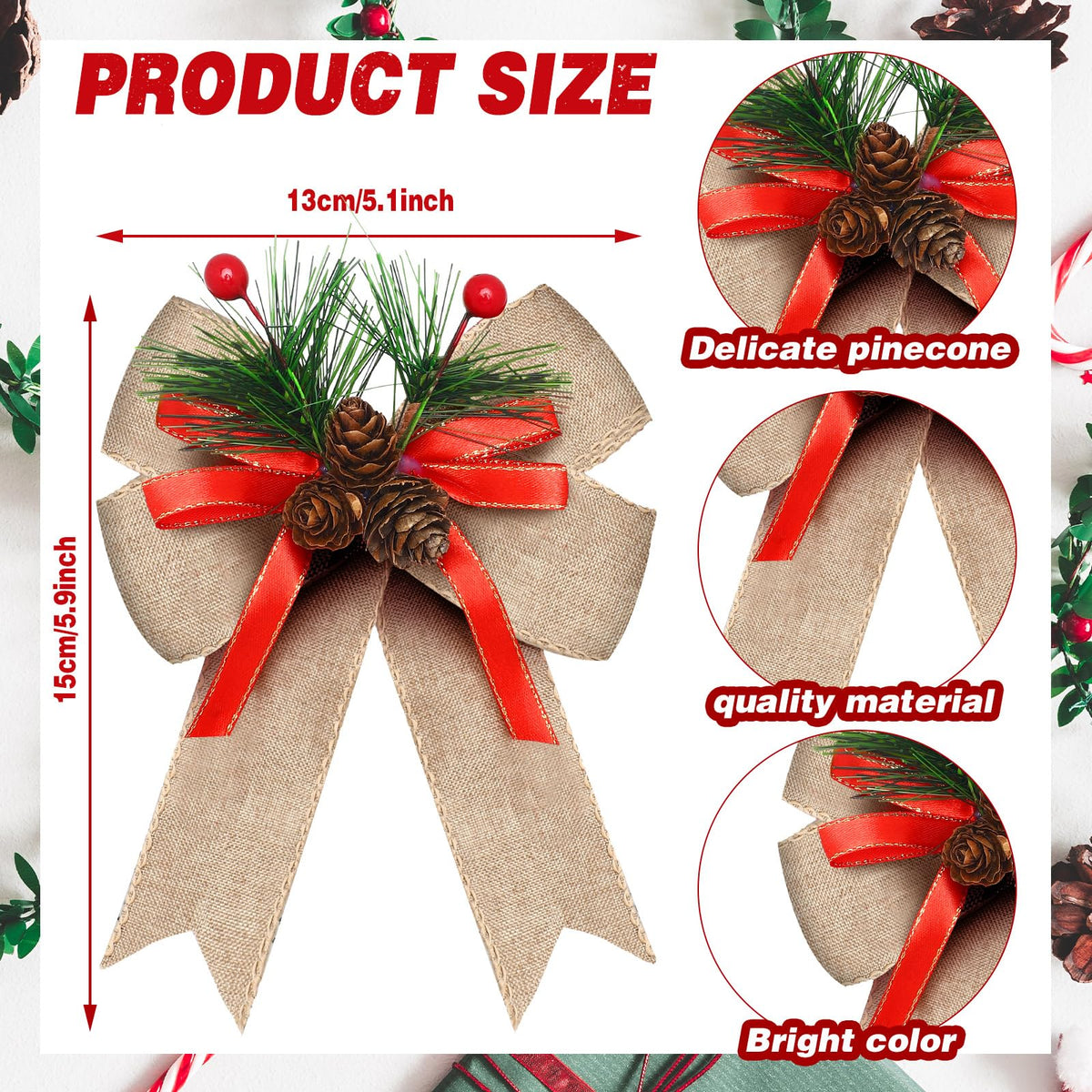 Syhood 6 Pcs Christmas Bows with Pine Cones Pine Needles Xmas Flaxen Bows Ribbon Christmas Tree Wreath Decoration for Xmas Parties Indoor Outdoor Crafts DIY Decor
