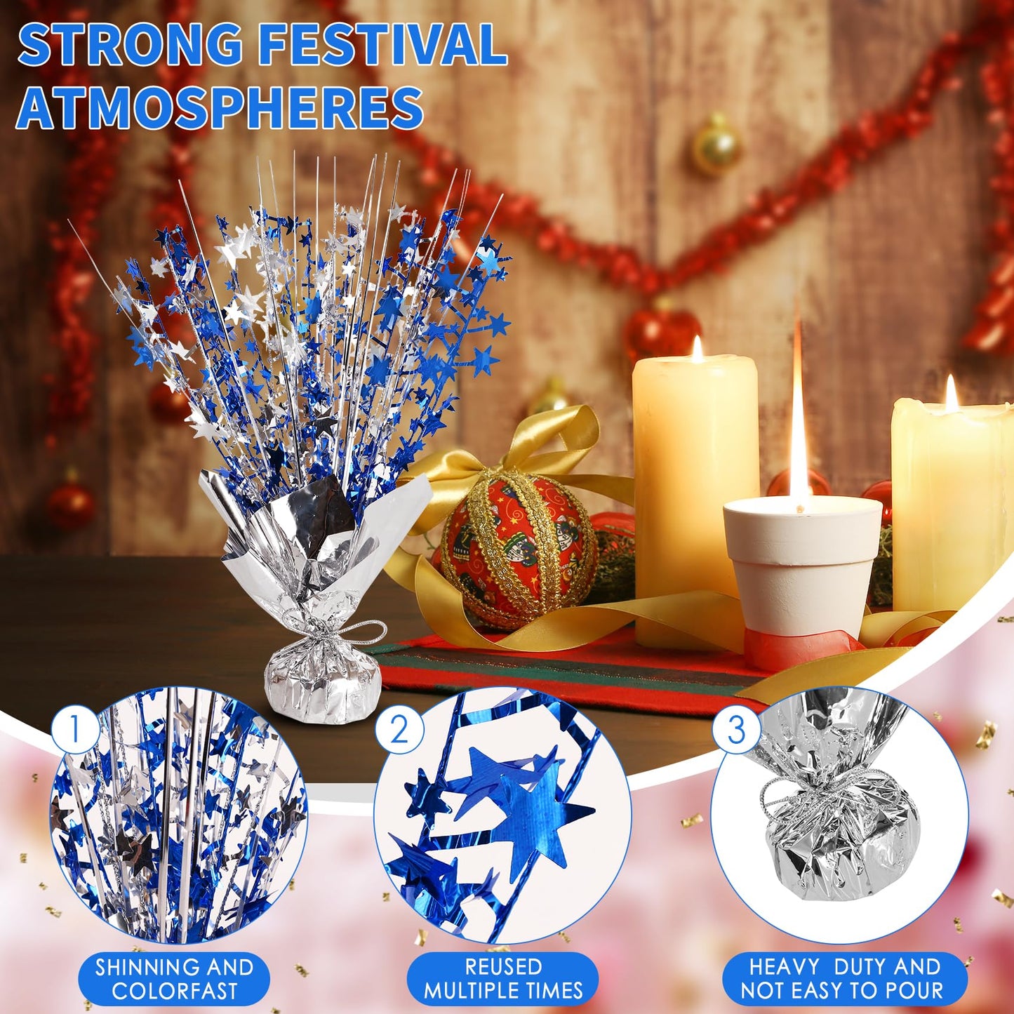 6 Pack Metallic Foil Spary Centerpieces for Tables, Silver Navy Blue Centerpieces for Tables Decorations, Star Brust Table Centerpieces for Birthday Graduation Wedding Baby Shower Party