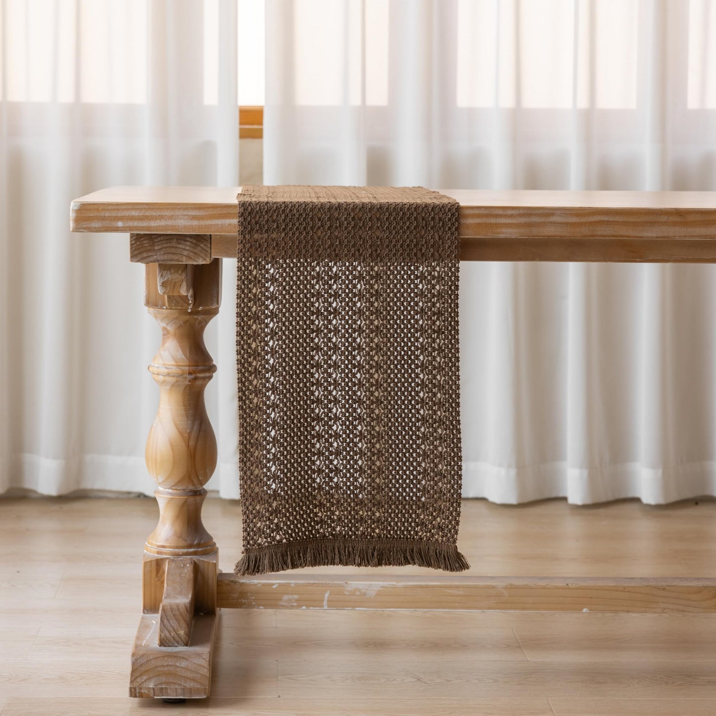 Keketoarrange Boho Brown Table Runner for Home Decor 13x72 Inches Farmhouse Small Macrame Woven Burlap Jute Rustic Coffee Table Runner Dresser Scarf Dining Kitchen Centerpiece Bohemian Decor