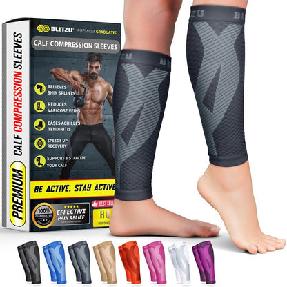 BLITZU Calf Compression Sleeves for Men and Women. Footless Compression Socks Support for Varicose Vein, Nursing, Running. Leg Sleeve Brace for Shin Splints, Pain Relief & Reduces Swelling Gray S-M