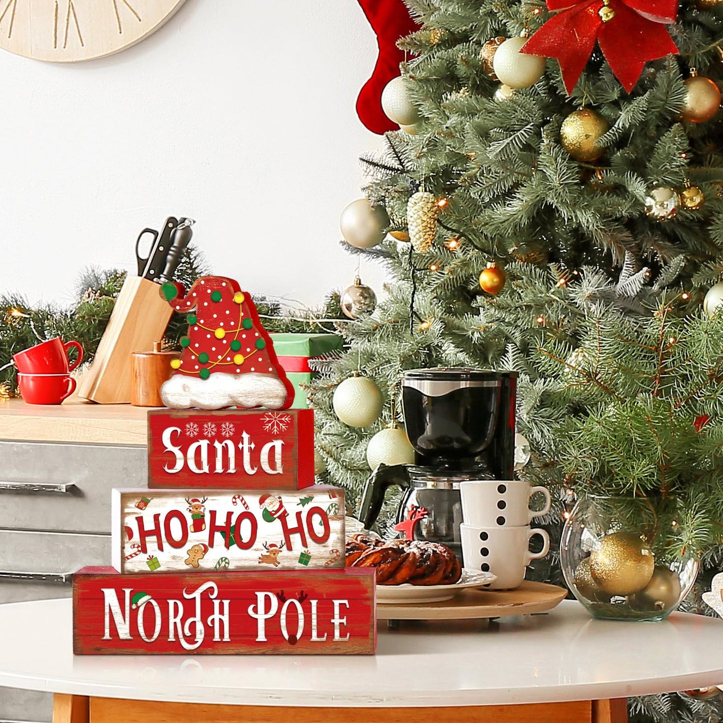 Moucuny 4 Pcs Christmas Table Sign Christmas Hat Wooden Decorative Signage Xmas Tiered Tray Decor Winter Centerpieces Farmhouse Wooden Block Set Xmas Table Sign for Home