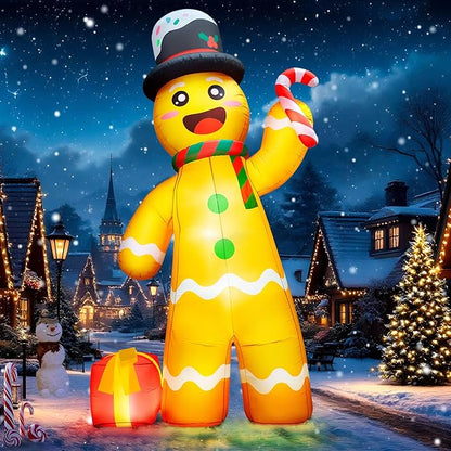12FT Giant Christmas Inflatables Gingerbread Man Built-in Bright LED Light, Huge Christmas Decorations Outdoor Hold Candy Cane & Gift Large Christmas Blow Up Yard Decoration for Xmas Holiday Party