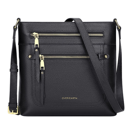 Over Earth Leather Crossbody Bags for Women Medium Shoulder Purse Multi Pocket Shoulder Handbag with Adjustable Strap(O199E Black RP)