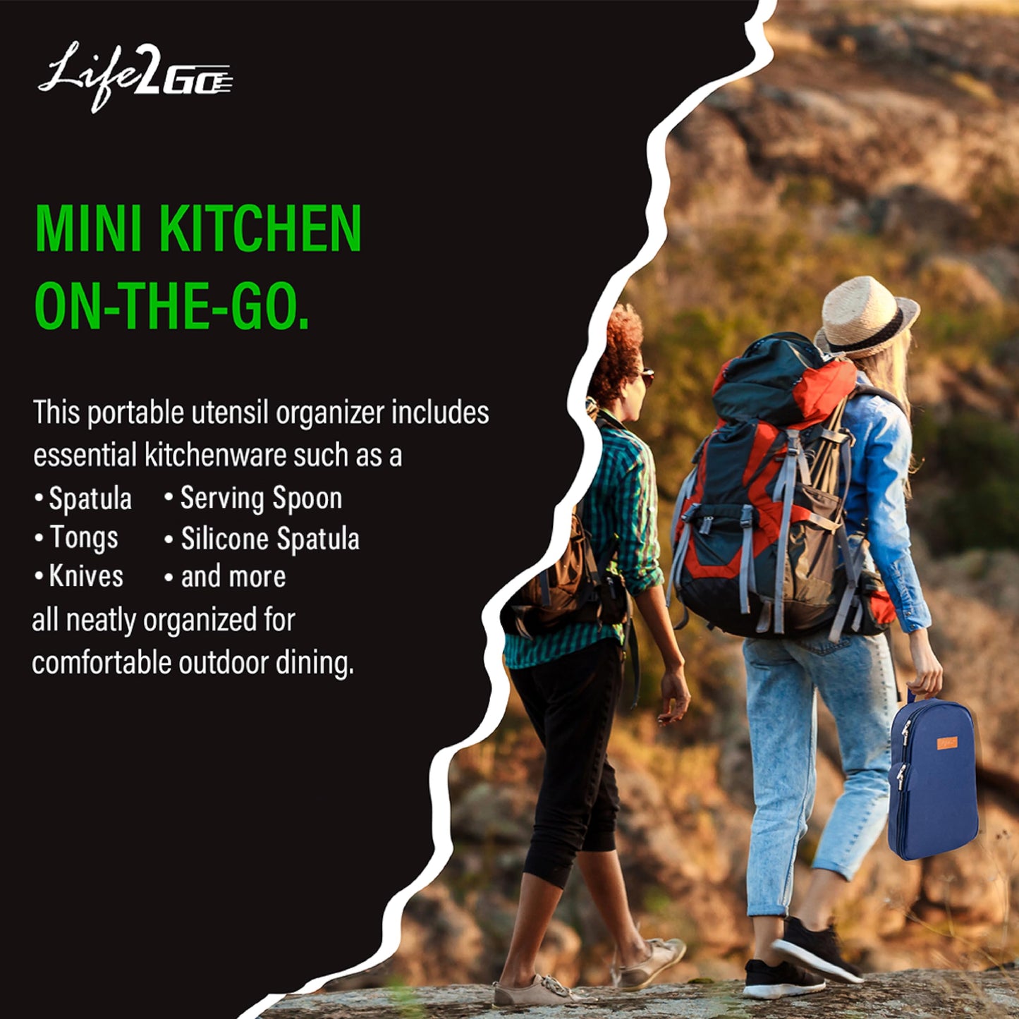 Life 2 Go 12 Pcs Camp Cooking Utensil Set & Outdoor Kitchen Gear Cookware Kit, Portable Compact Carry Case for Camping, Hiking, Travel, BBQ Grilling Stainless Steel Accessories Spoon & Fork, Navy