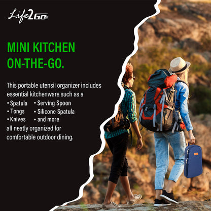 Life 2 Go 12 Pcs Camp Cooking Utensil Set & Outdoor Kitchen Gear Cookware Kit, Portable Compact Carry Case for Camping, Hiking, Travel, BBQ Grilling Stainless Steel Accessories Spoon & Fork, Navy