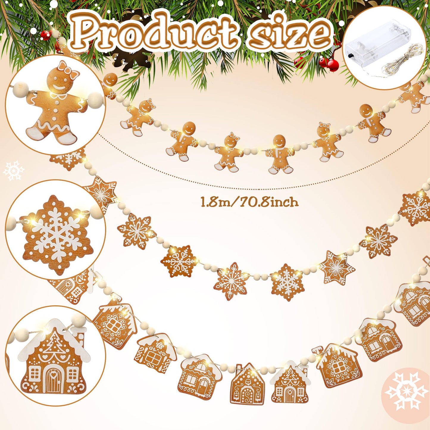 Youyole 3 Pcs Wooden Gingerbread Garland Banner LED Christmas Wooden Bead Gingerbread Man House Snowflake Decoration 5.9 ft Rustic Hanging Banner for Mantel Fireplace Holiday Room Wall Decoration