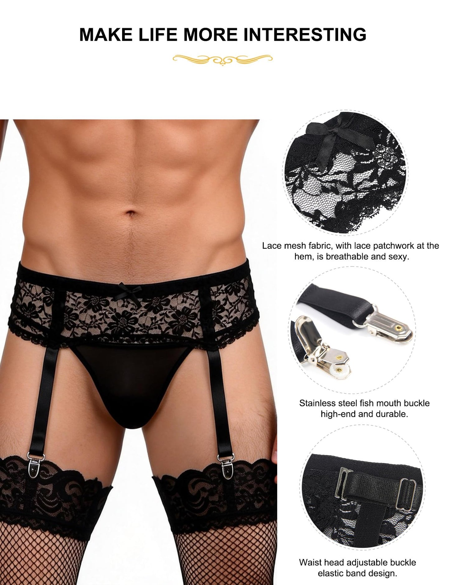 ohyeahlady Men's Lace Garter Belt Adjustable Suspenders with 4 Meatal Clip Breathable Mesh Lingerie for Thigh High Plus Size Black S