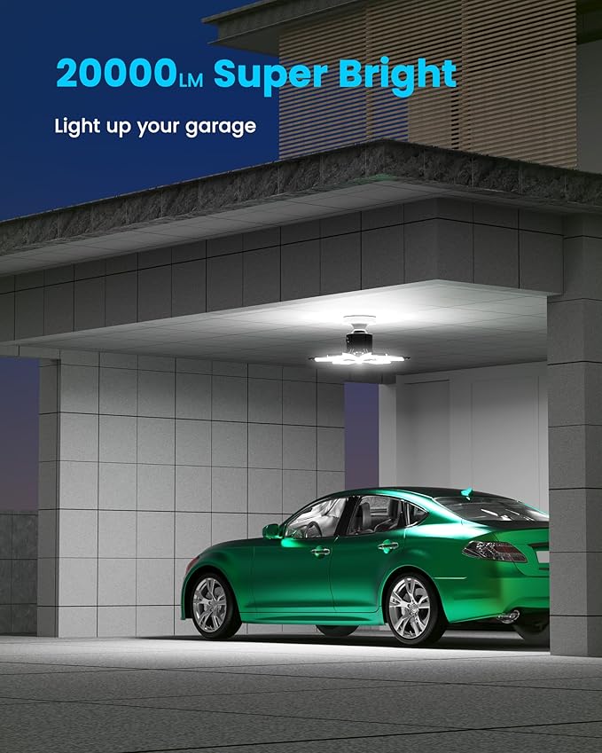 Garage Lights with Motion Sensor, 20000LM Motion Sensor Light Bulb Indoor with 6 Deformable and Auto-Off, E26 Screw-in 6500K Motion Activated Shop Light for Ceiling/Basement 4-Pack
