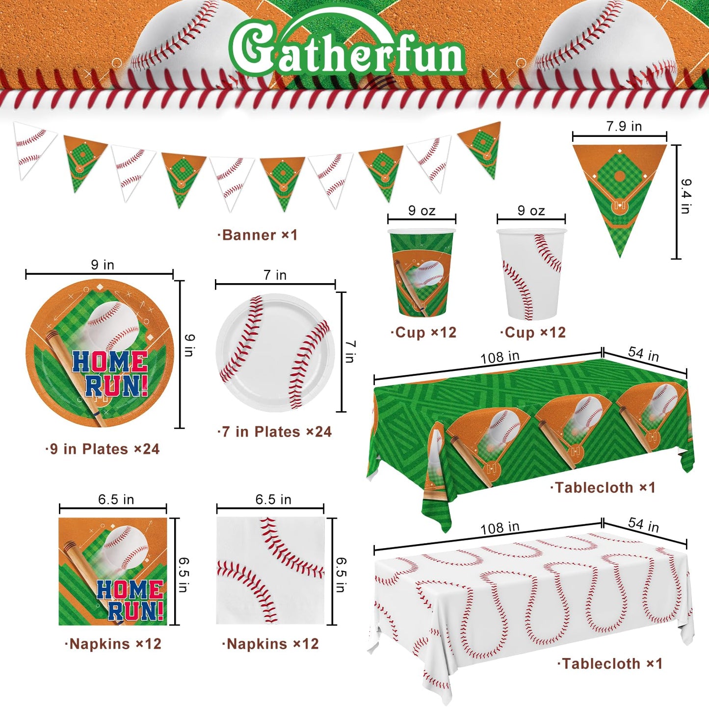 Baseball Party Supplies Kit for 24 - Complete with Dinner & Dessert Plates, Napkins, Cups, Banner & Tablecloth Baseball Birthday & Gameday Celebrations，Baseball Party Decorations & Favors