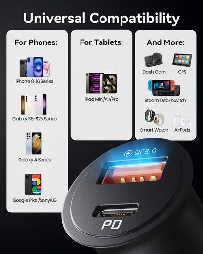 INIU Car Charger, Cigarette Lighter USB Charger Total 60W, 12V USB Socket with [1m] 100W Type C Cable Fast Charge, Car Phone Charge Adapter for iPhone 17 16 Samsung Laptops Switch 2 Car Accessories