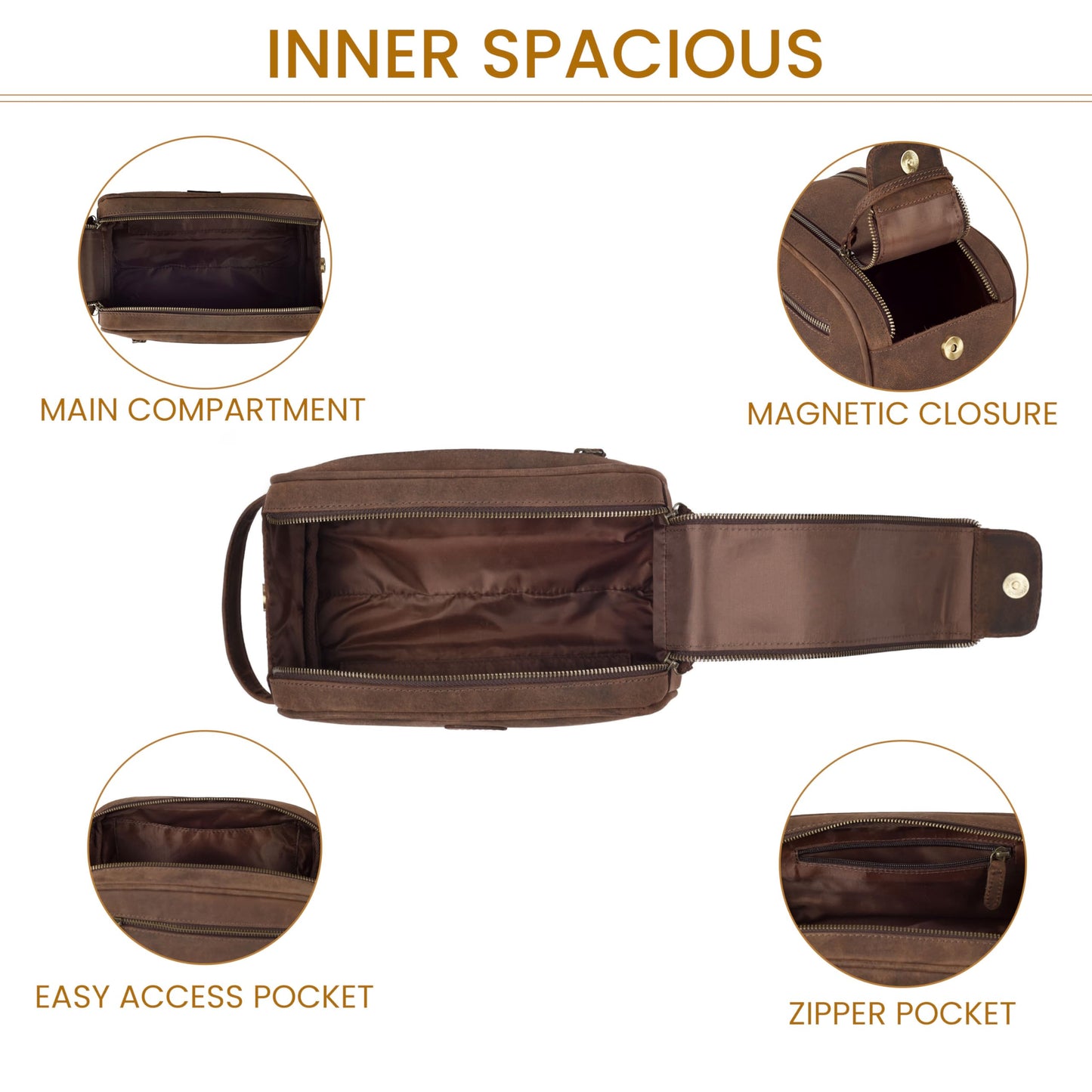 Leather Toiletry Travel Bag with Waterproof Lining, Large Capacity Vintage Dopp Kit, Shaving & Cosmetic Organizer for Men & Women - Brown