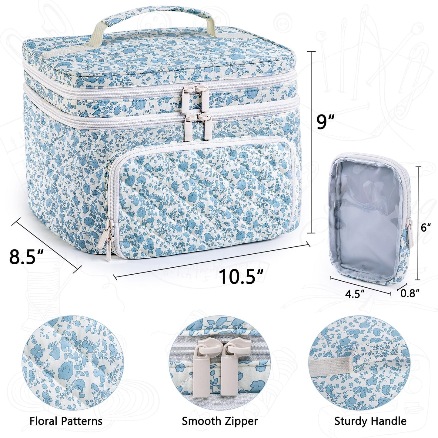 AMOIGEE Double-Layer Sewing Organizer Storage Bag with 2 Detachable Pouches, Large Quilted Sewing Basket for Supplies & Tools, Portable Travel Sewing Kit Case, Gift for Mom(Bag ONLY)