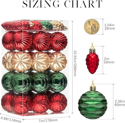 JORNOY Christmas Tree Ornaments - 2.36inch/60mm Shatterproof Ornaments for Christmas Tree Set Plastic Decorative Hanging Balls Ornaments for Xmas Tree Decorations, 40ct (Red & Green & Gold)