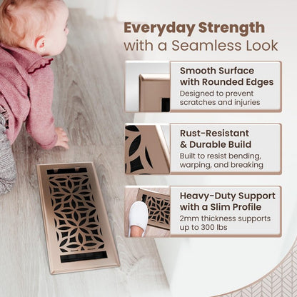 Floor Vent Covers – 4x10 Floor Register – Heavy-Duty Steel, Rustproof & Walkable Grates, Drop-in Install, Adjustable Airflow – Decorative (Floral Satin Rose Bronze, 8 Pack)