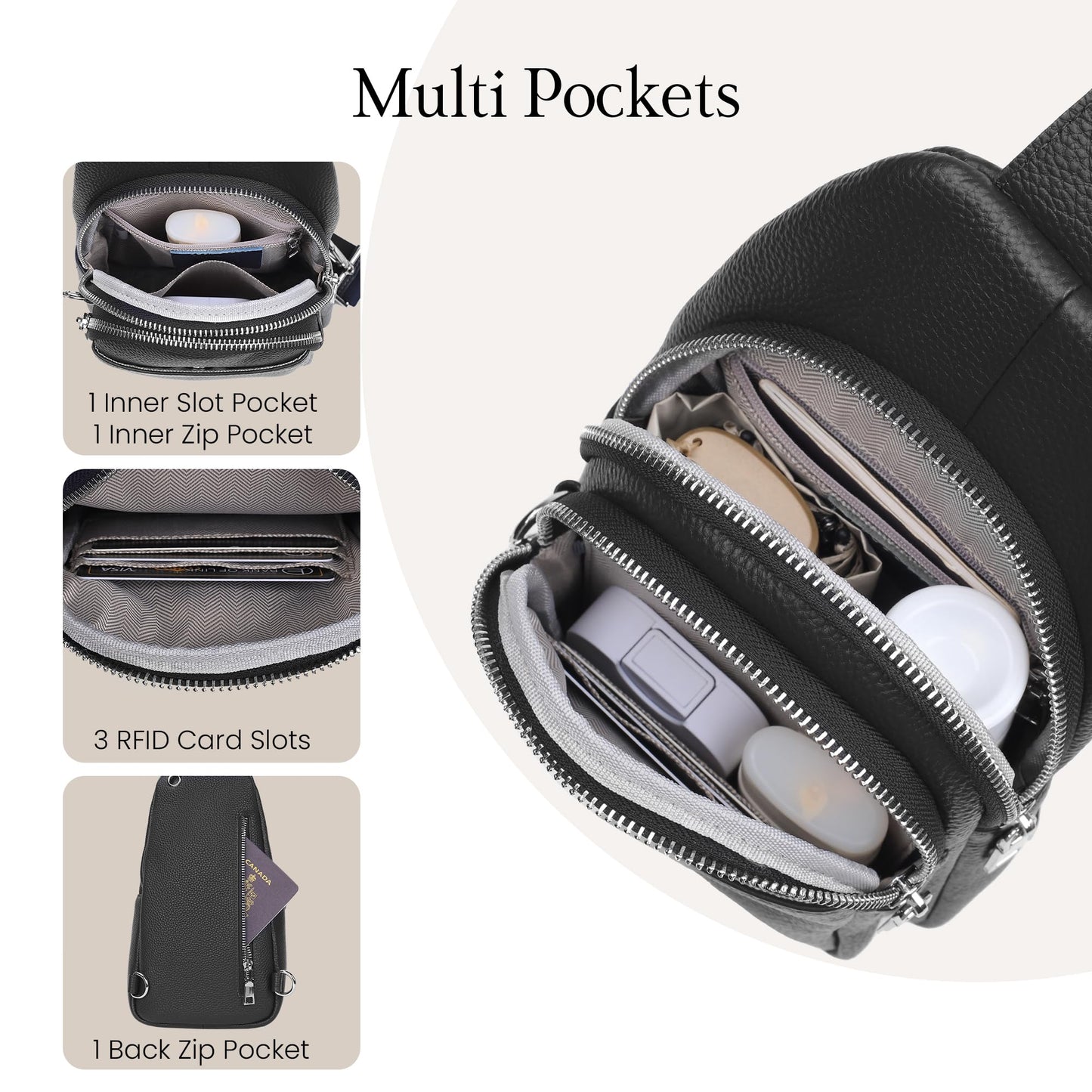 befen Black Genuine Leather Small Sling Bag for Women Anti-Theft Crossbody Bags Fanny Packs Chest Bag for Travel with RFID Blocking Card Slots