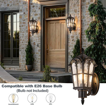 Outdoor Wall Light Fixtures, Black & Gold Exterior Waterproof Porch Lights, Vintage Outside Wall Sconces with Water Ripple Glass for House Front Door Garage, 2 Pack