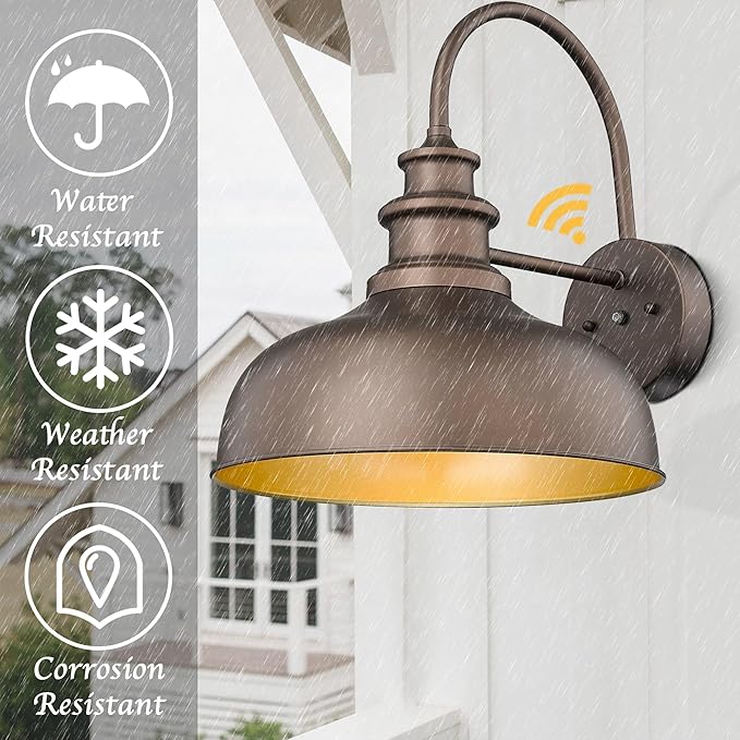 Bestshared 14 Inch Dusk to Dawn Gooseneck Barn Lights Farmhouse Outdoor Wall Sconce Industrial Exterior Wall Lighting Fixture Vintage Porch Lantern Lamp for Patio,Garage,Front Door(ORB+Gold,14"-1Pack)