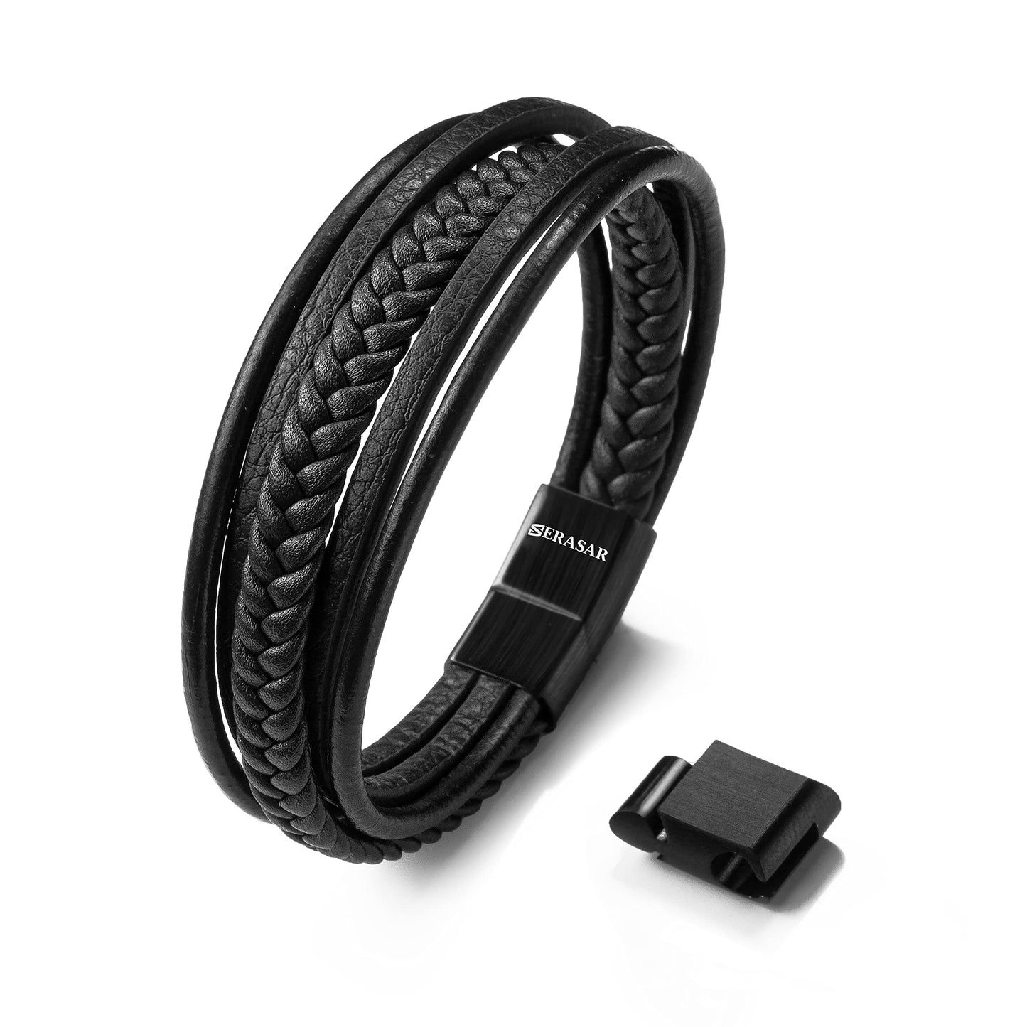 SERASAR Mens Bracelet - Black Bracelet Leather Cowhide Gift-Box Braided Stainless Steel Jewelry Wrist-Band Cuff Wrap Rope Bangle Dad Man Pulseras para Hombres Cuero Regalo