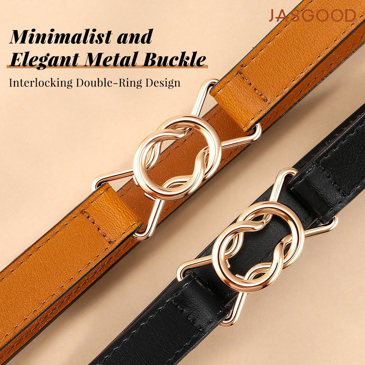 JASGOOD Women Skinny Genuine Leather Belt Thin Waist Belt for Jeans Pants Adjustable Vintage Belt with Gold Buckle 2 Pack