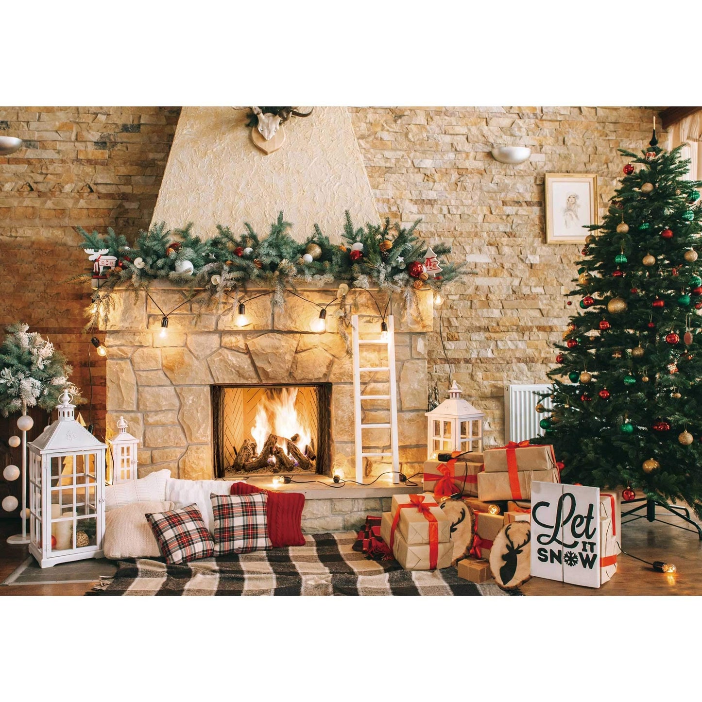 Haboke 10x8ft Christmas Fireplace Theme Backdrop for Photography Christmas Tree Decorations for Xmas Party Supplies Background Pictures Banner Photo Studio Decor Booth Props