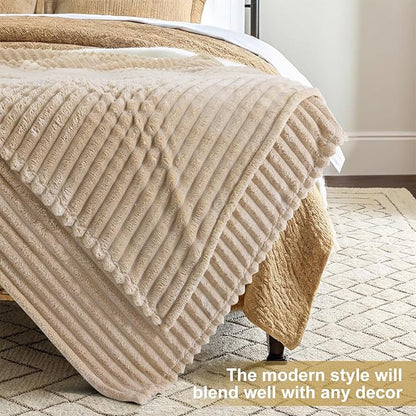 decorUhome Soft Fleece Light Brown Throw Blanket for Couch, Cozy Fluffy Plush Flannel Striped Blanket for Sofa Bed, Lightweight Decorative Ribbed Fuzzy Blanket for Woman, 50x60 Inches