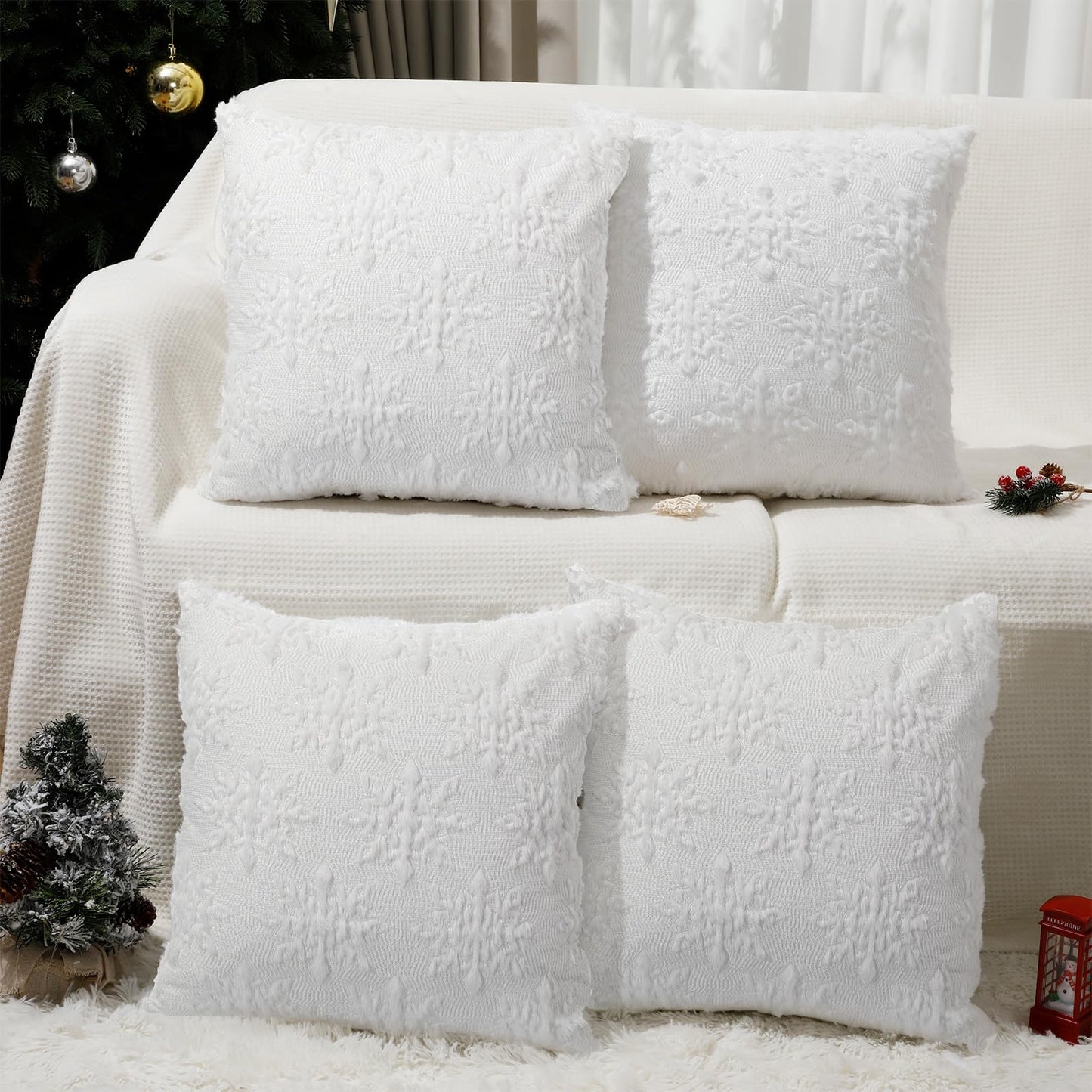 Tudomro 4 Pcs Snowflake Throw Pillow Covers White Winter Pillowcase 3D Embroidered Soft Plush Faux Fur Pillow Covers Winter Modern Home Decorative for Sofa Couch Bed(18 x 18 Inches)