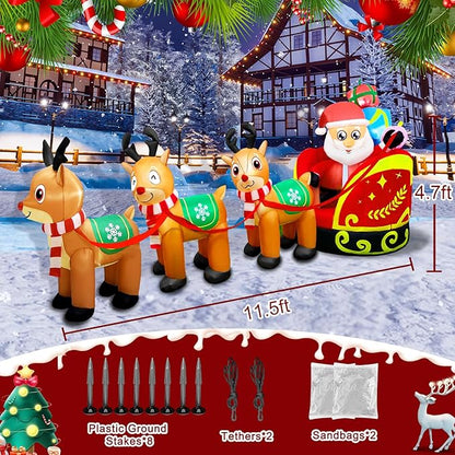 Giant Inflatable Outdoor Decoration Santa Claus on Sleigh with 3 Reindeer, Built-in LED Light, Christmas Decorations for Lawn Party Holiday