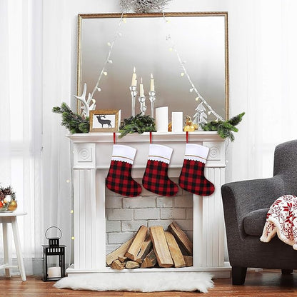 URATOT 12 Pack 15 Inches Christmas Stockings Red and Black Plaid Pattern Felt Christmas Holiday Stockings Christmas Tree Hanging Ornaments Xmas Fireplace Decoration Set