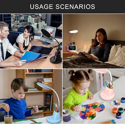 Desk Lamp for Home Office, LED Desk Lamp with Wireless Charger Pen Phone Holder, Dimmable Desk Light 3 Color Modes, College Dorm Study Lamp for College Dorm, CRI 90 800 Lumen