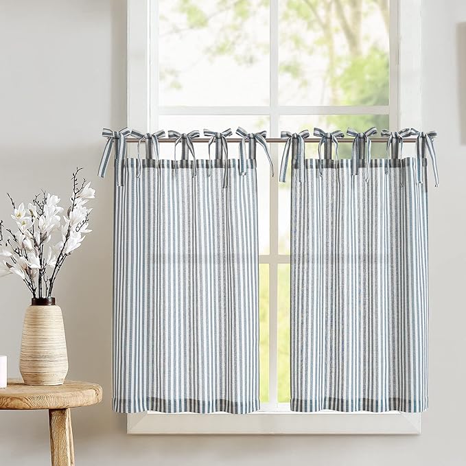 jinchan Tie Top Linen Kitchen Curtains 24 Inches Striped Tier Curtains Farmhouse Modern Cafe Style Small Window Treatments Airy Light Filtering Rod Pocket for Living Room Bathroom 2 Panels Blue