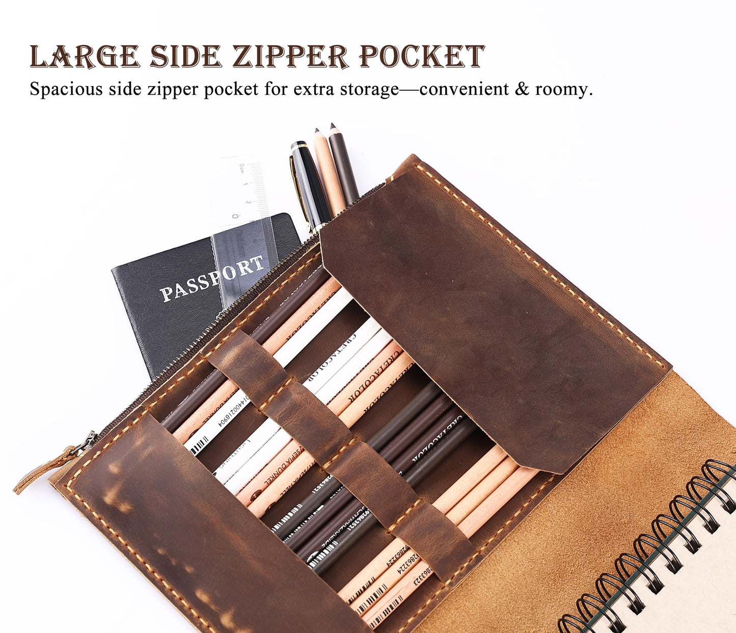 Fasjosma Leather Sketchbook Cover for A5/5.5"x8.5" sketch pads - Handmade Genuine Leather Artist Case with Pencil Holder & Zipper Pocket, Professional Drawing Supplies (Brown, 5.5"x8.5")