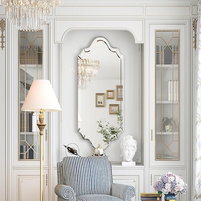 Chende Arch Large Mirror for Wall Decor with Clear Glass Frame, Beveled Edge, 24"x47" Living Room Decorative Mirror for Bathroom, Entrance, Hallway, Home Office, Unique Dual-Arch Design