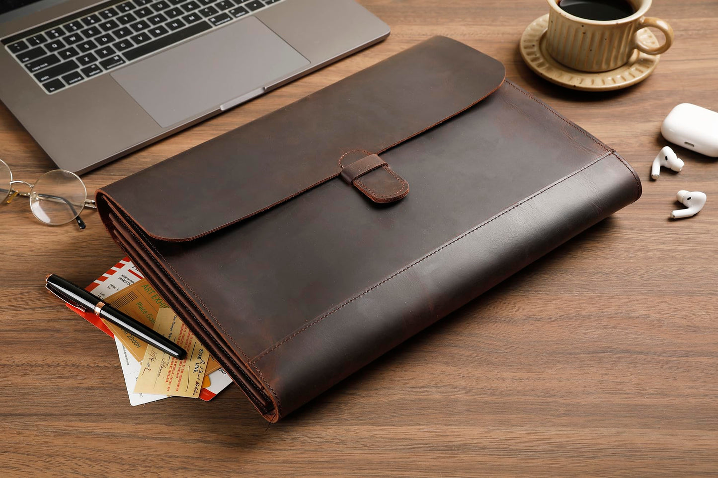 Genuine Leather File Folder, Accordian File Organizer, Leather Document Holder Resume Folio for Men & Women - Dark Brown