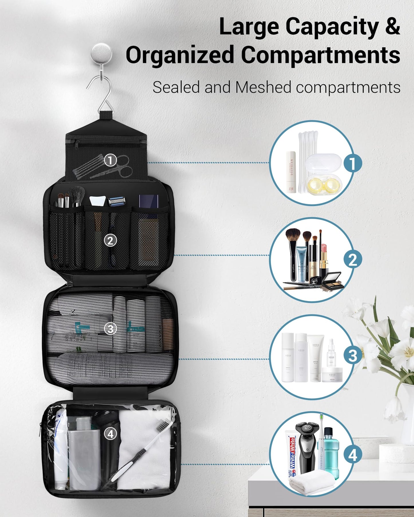 Maliton Toiletry Bag for Men & Women Travel Toiletry Bag Hanging Toiletry Bag Hygiene Bag with 4 Compartments Waterproof Bathroom Shower Bag for Traveling(Black)